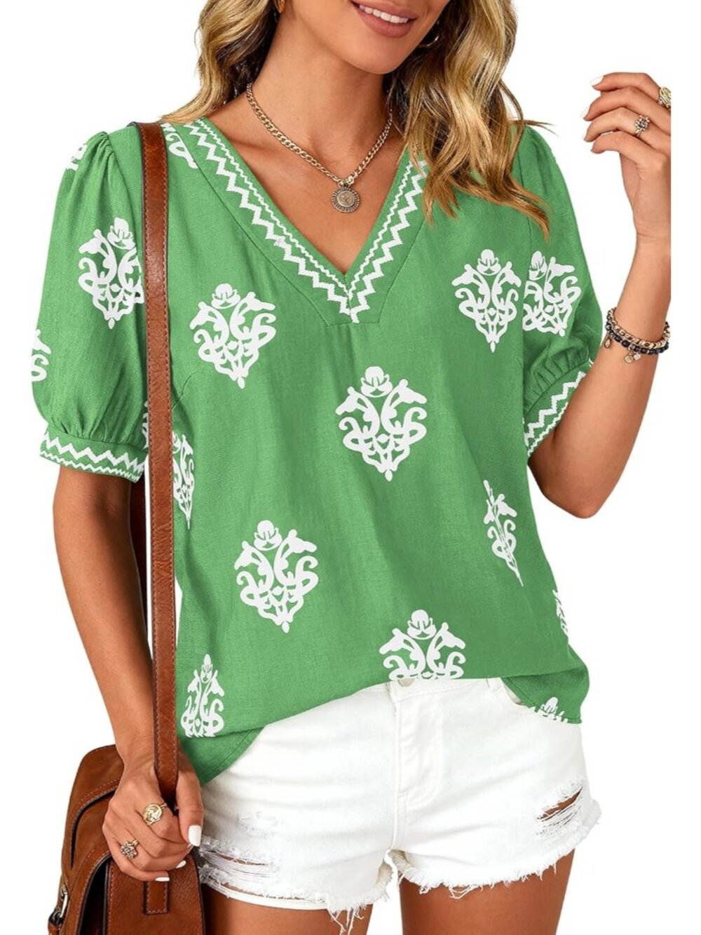 Women's Green White Flower Short Sleeves V Neck Boho Blouses Beach T Shirts